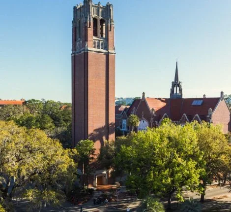 An aerial shot of UF's Century Tower and University Auditorium.